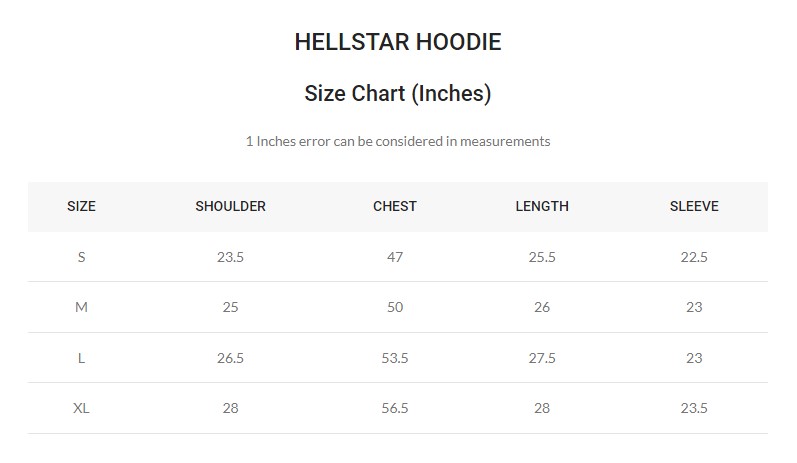 Hoodies Size Chart